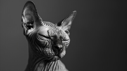 A mischievous Sphynx cat with wrinkled skin and an inquisitive expression.