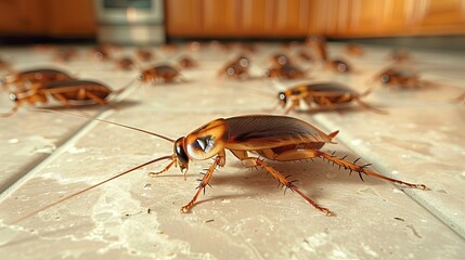 Realistic cockroaches invading kitchen space. Pests on domestic flooring. Concept of home sanitation, pest problem, and cleanliness upkeep.