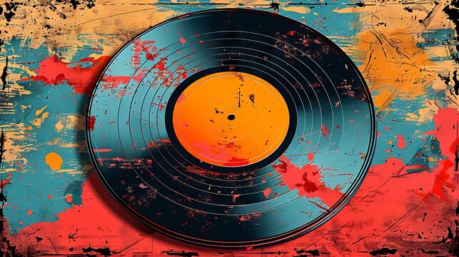 Vibrant Vinyl record with abstract splatter background in blue and red. Grunge music concept with retro vibes. Artistic design for music poster, album art, and event promotion. Pop art style