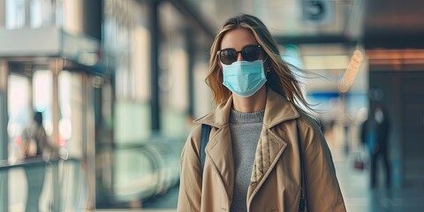 Woman wearing a mask while traveling on vacation to help prevent the spread of diseases to immunocompromised people - obrazy, fototapety, plakaty