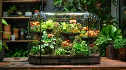 Lush indoor terrarium with plants. Vibrant enclosed ecosystem in interior. Concept of indoor gardening, botanical display, greenery decoration.