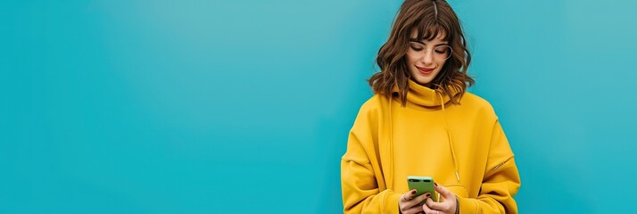 Woman in yellow turtleneck sweater testing on smartphone with blue background and copy space. 