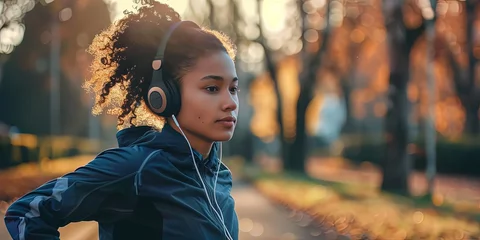  Young woman in her early 30s jogging outdoors with headphones and a hoodie © Brian