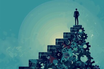 business man at the top of the stairs with cogs as support pillar - obrazy, fototapety, plakaty