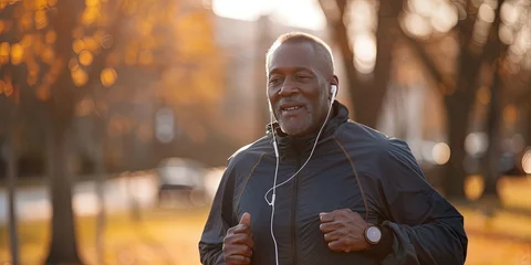 Foto op Plexiglas Male senior citizen jogging in the park with headphones listening to music and podcasts © Brian