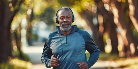 Foto op Plexiglas Male senior citizen jogging in the park with headphones listening to music and podcasts © Brian
