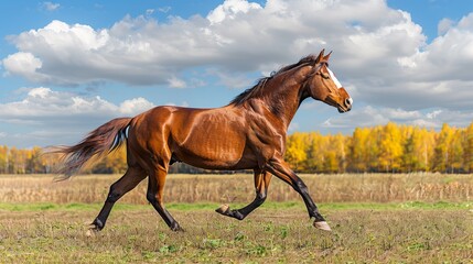 Beautiful horse gracefully galloping freely in a vast and open natural landscape