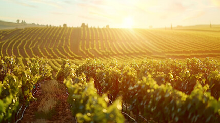 A picturesque vineyard with rows of grapevines stretching into the distance, bathed in warm sunlight