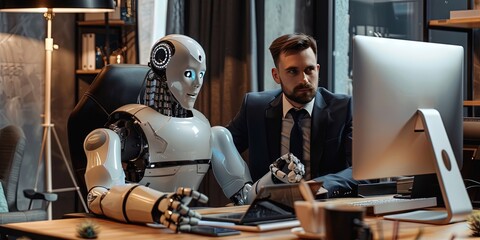 AI robot coworker working in office with human employee at laptop workstation - obrazy, fototapety, plakaty