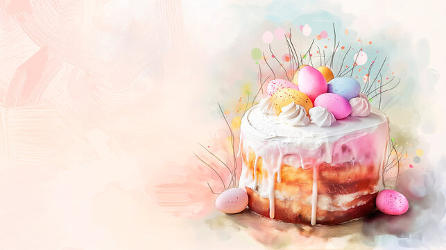 Easter cake with colored sprinkles on top, light background, watercolor illustration, empty space. Easter holiday, traditional treat. Bright illustration of Easter pie