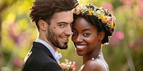 Newlywed young couple - biracial couple lifestyle image for relationships, marriage, and engagement - Powered by Adobe