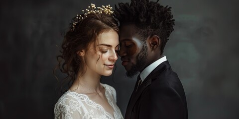 Newlywed young couple - biracial couple lifestyle image for relationships, marriage, and engagement