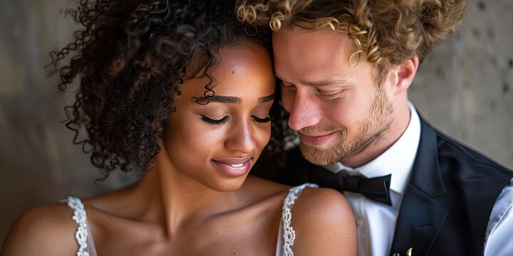 Newlywed young couple - biracial couple lifestyle image for relationships, marriage, and engagement