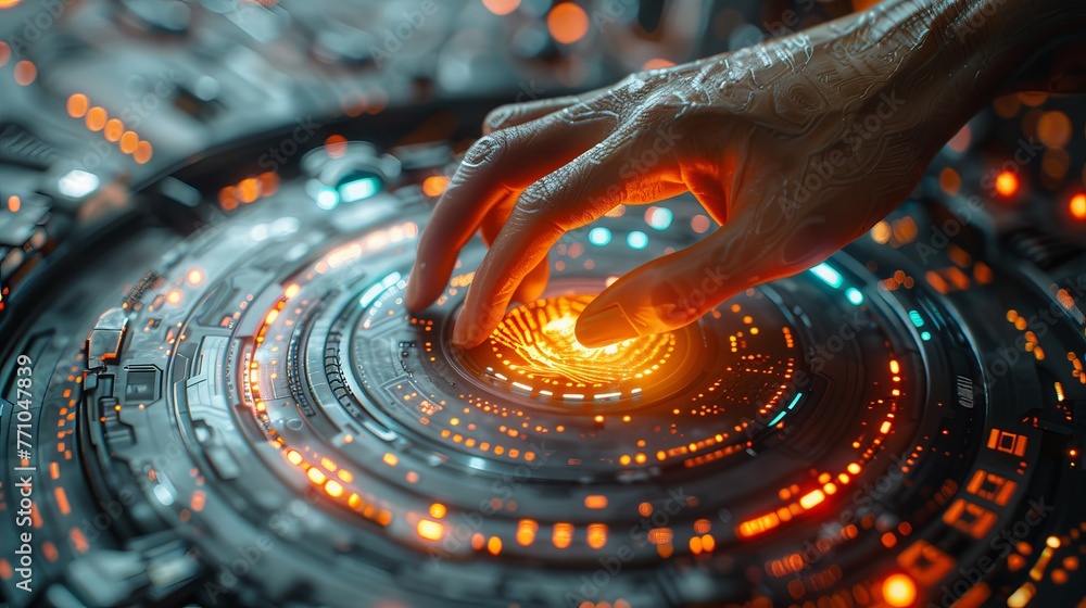 Poster digitalization concept: human finger pushes touch screen button and activates futuristic artificial 