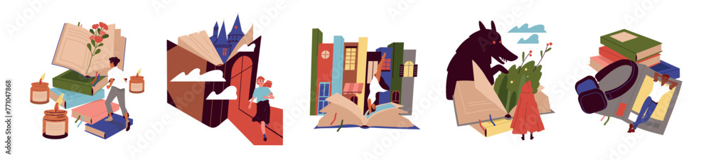 Poster set of people with stack of books. characters reading textbooks and immersing at wonderful world of 
