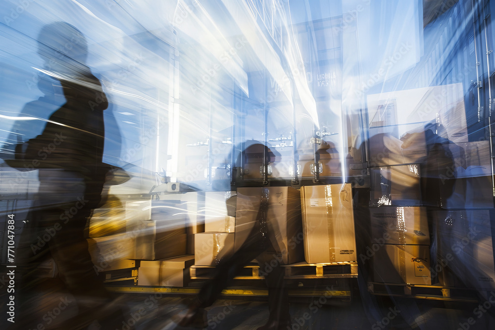 Poster an abstract image of movers unloading boxes from a container truck