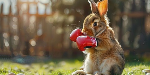 Bunny rabbit wearing boxing gloves and ready to fight outdoors training