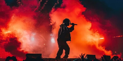 Rapper performing on stage at a summer hip-hop festival. Smoke and colorful lights as the emcee spits on the mic - obrazy, fototapety, plakaty