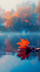 This serene image depicts a single red autumn leaf floating gently on a calm, reflective blue water surface with a dreamy, bokeh background