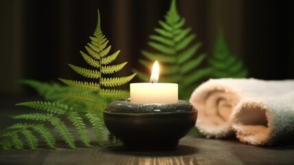 Obraz na płótnie Canvas Towel on fern with candles and black hot stone on wooden background. Hot stone massage setting lit by candles.