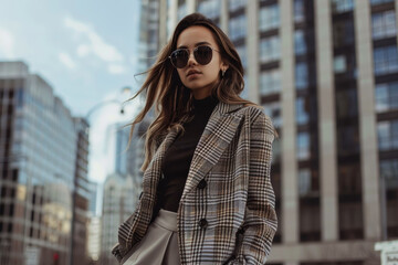 A girl in a confident pose, standing on a city street in a stylish outfit.