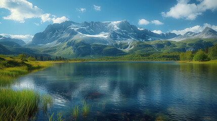 Blue sky and green nature around a mountain lake.  Scenic view of the mountains and lake on a sunny day.