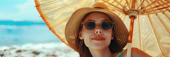 Young Generation Z woman sitting under a beach umbrella with sunglasses and a wide-brimmed hat and bikini on the sandy ocean shore - obrazy, fototapety, plakaty