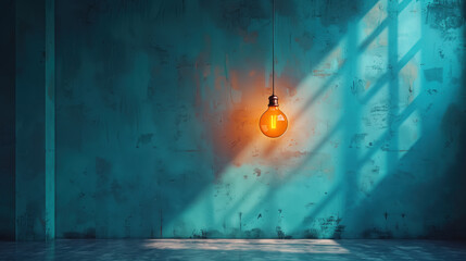 Minimalist design with hanging lamp and shadow on a textured blue wall.