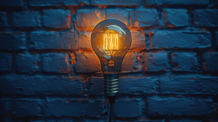 An incandescent light bulb turned on against a brick wall, emitting warm light