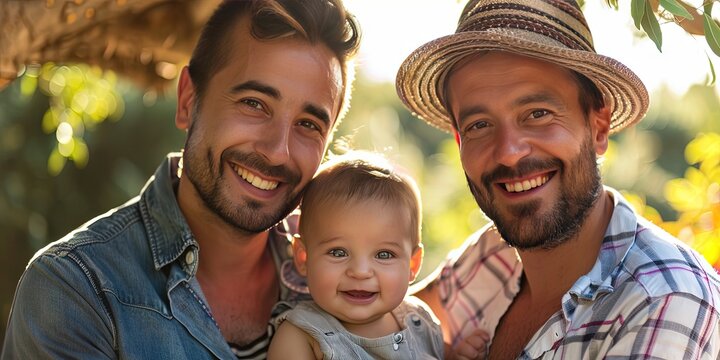 Two Men and a Baby - gay fatherhood with two homosexual men holding their baby outdoors - smiling family photo 