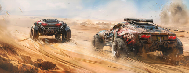 Old cars race at post-apocalyptic times, panoramic view of vintage iron vehicles drive fast on desert like movie. Concept of fantasy, dystopia, sport, steampunk, apocalypses and future - obrazy, fototapety, plakaty