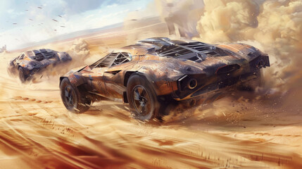 Old cars race at post-apocalyptic times, vintage iron vehicles drive fast on desert like futuristic movie. Concept of fantasy, dystopia, sport, future, apocalypses and illustration - obrazy, fototapety, plakaty