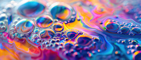 Abstract color liquid texture background, banner of waves of oil or water with rainbow gradient. Concept of multicolored bubble surface, pattern, iridescent and wallpaper.