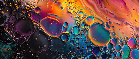 Obraz premium Abstract color liquid texture background, banner of oil or water with rainbow gradient. Concept of multicolored bubble surface, pattern, iridescent, design