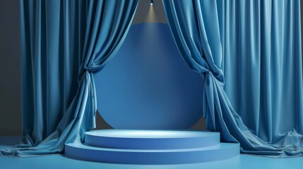 Blue 3D podium with spotlight and fabric curtain for product display