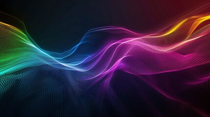 Dark grainy color gradient wave background, purple red yellow blue green colors banner poster cover abstract design, black copy space - generative ai