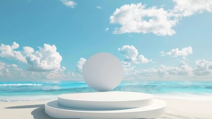 Showcase your product on a 3D podium by the beach. The blue sky and white clouds create a tropical vacation vibe.