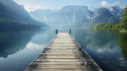 Wooden floor with lake mountain background and clear sky. Beautiful mountain landscape background.