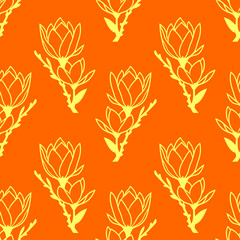 seamless symmetrical pattern of yellow graphic magnolia flowers on an orange background, texture, design