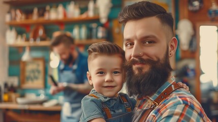 Cute little son and dad in barbershop - obrazy, fototapety, plakaty