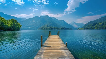 Empty wooden bridge with the lake mountain and beautiful landscape.