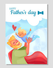 Happy Fathers day poster. Loving smiling dad playing with his little son. Father takes care of his child. Adorable greeting card for holiday. Cartoon flat vector illustration isolated on background
