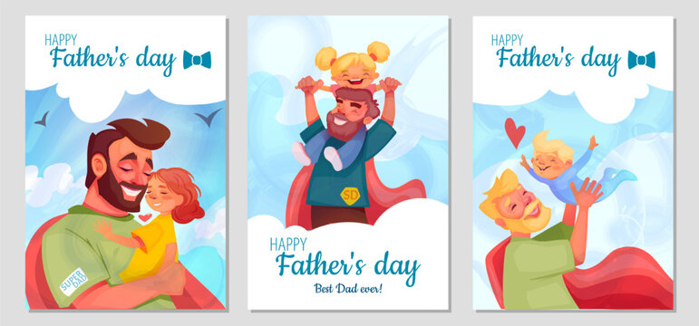 Happy Fathers day posters set. Smiling dads hugging sons and daughters and taking care of their children. Cute Greeting Cards for Fathers. Cartoon flat vector illustrations isolated on background