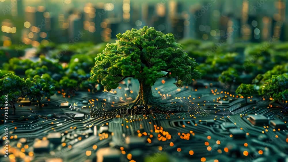 Poster green natural eco-friendly tree and computer technology on an abstract high-tech futuristic backgrou