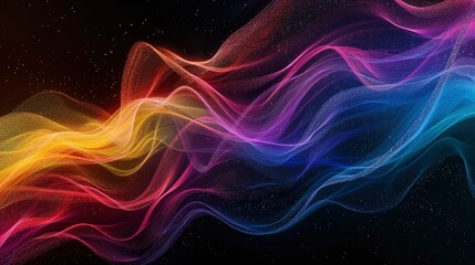 Dark grainy color gradient wave background, purple red yellow blue green colors banner poster cover abstract design, black copy space - generative ai