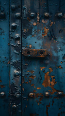 An aged blue door with peeling paintwork and rusted metalwork captures the essence of decay