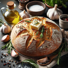 A loaf of fresh homemade bread on the table. Various spices and seasonings with herbs, garlic and cheese decorate the delicious freshly prepared bread.