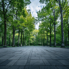 Empty square floor and green forest natural landscape. Generative AI