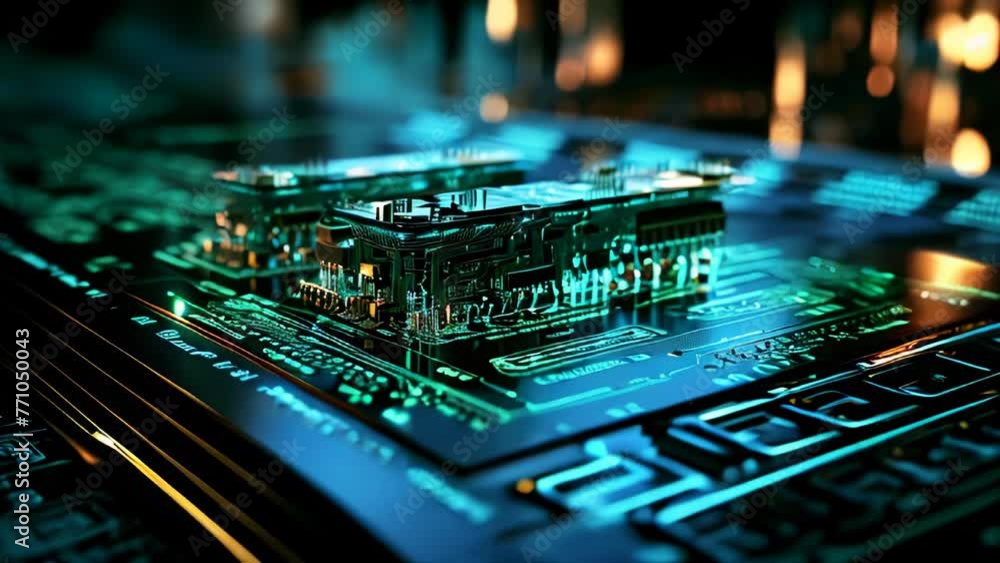 Poster computer futuristic high tech circuit board with microcircuits and electronic chips with transistors