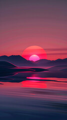 A picturesque scene of a large, vibrant sun setting behind silhouetted mountains with reflections on water